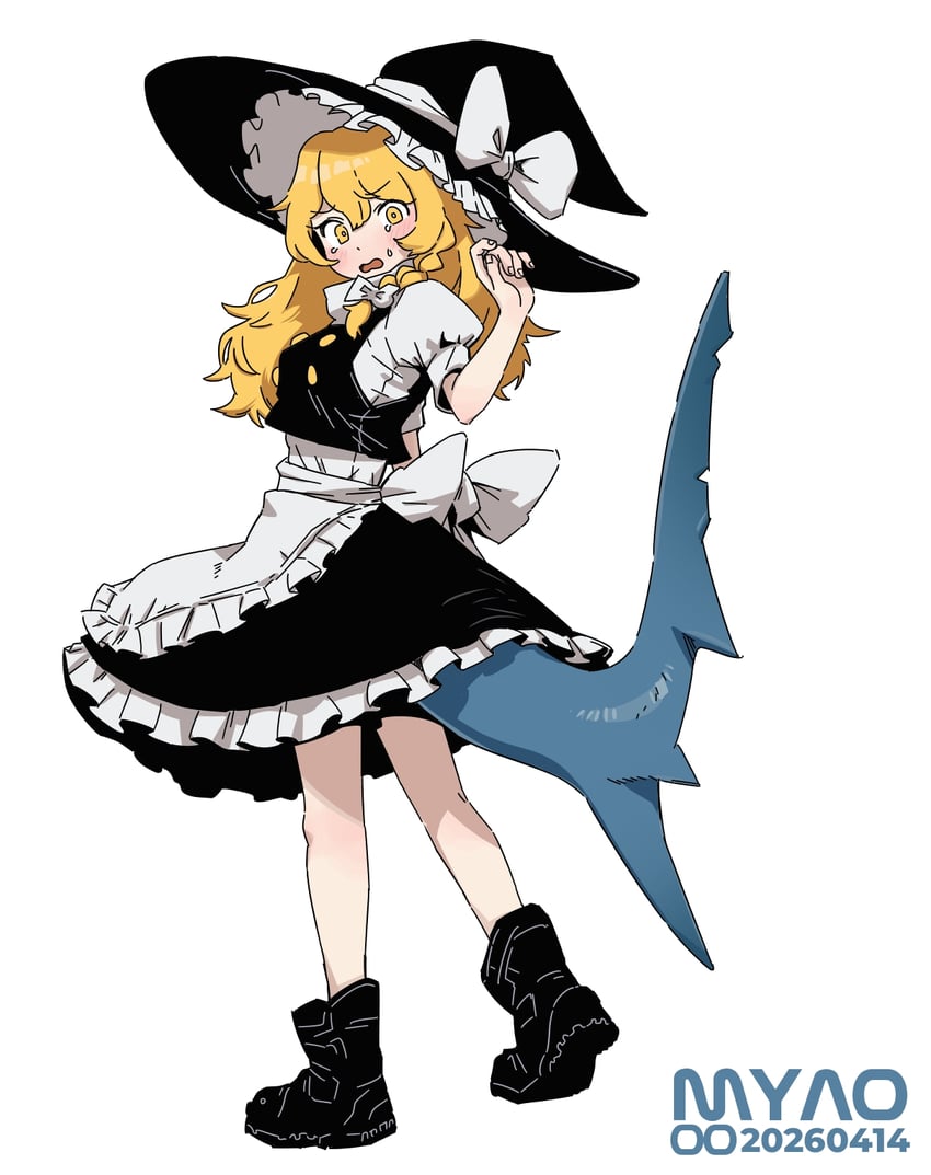 东方Project、雾雨魔理沙 1名女孩 围裙 作者名 后背蝴蝶结 黑色靴子