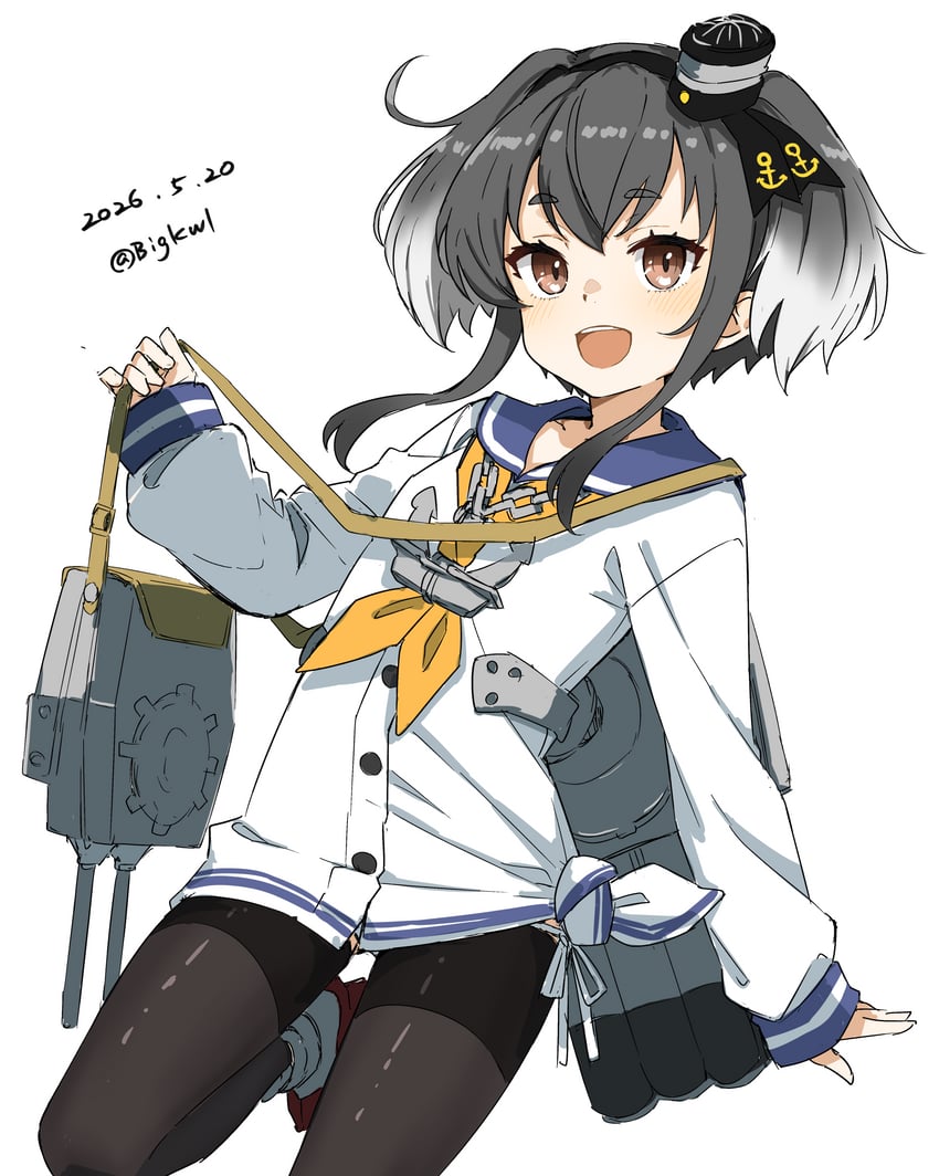 舰队Collection、时津风 (舰队收藏) 1名女孩 改造炮塔 锚形饰品 黑发 黑色连裤袜