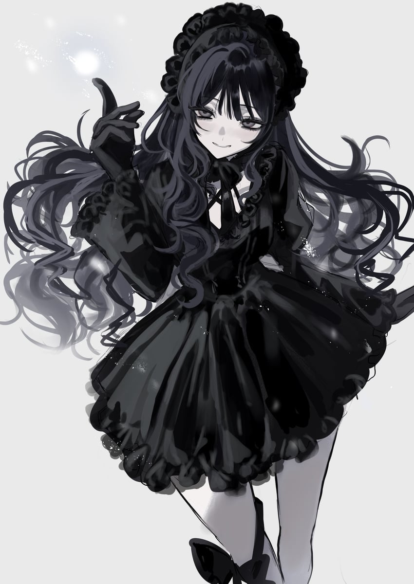原创 1名女孩 黑色蝴蝶结 黑色连衣裙 黑瞳 黑色手套