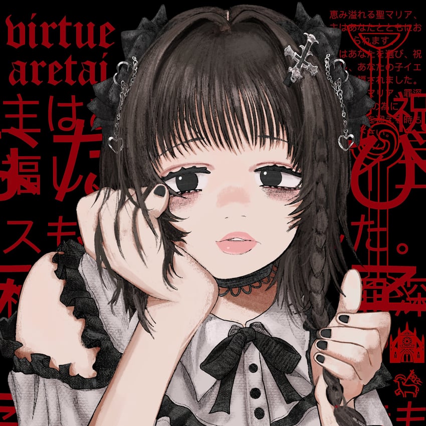 原创 1名女孩 露肩 黑色背景 黑色蝴蝶结 黑色项圈