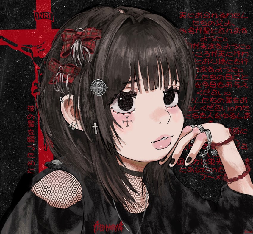 原创、圣经、耶稣 1名女孩 黑色背景 黑瞳 黑色指甲 黑衬衫