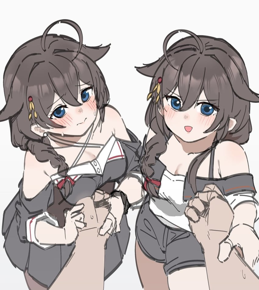 舰队Collection、shigure (ginza black) (kancolle)、shigure (ginza white) (kancolle) 1名男孩 2名女孩 黑色连衣裙 黑发 黑色连裤袜