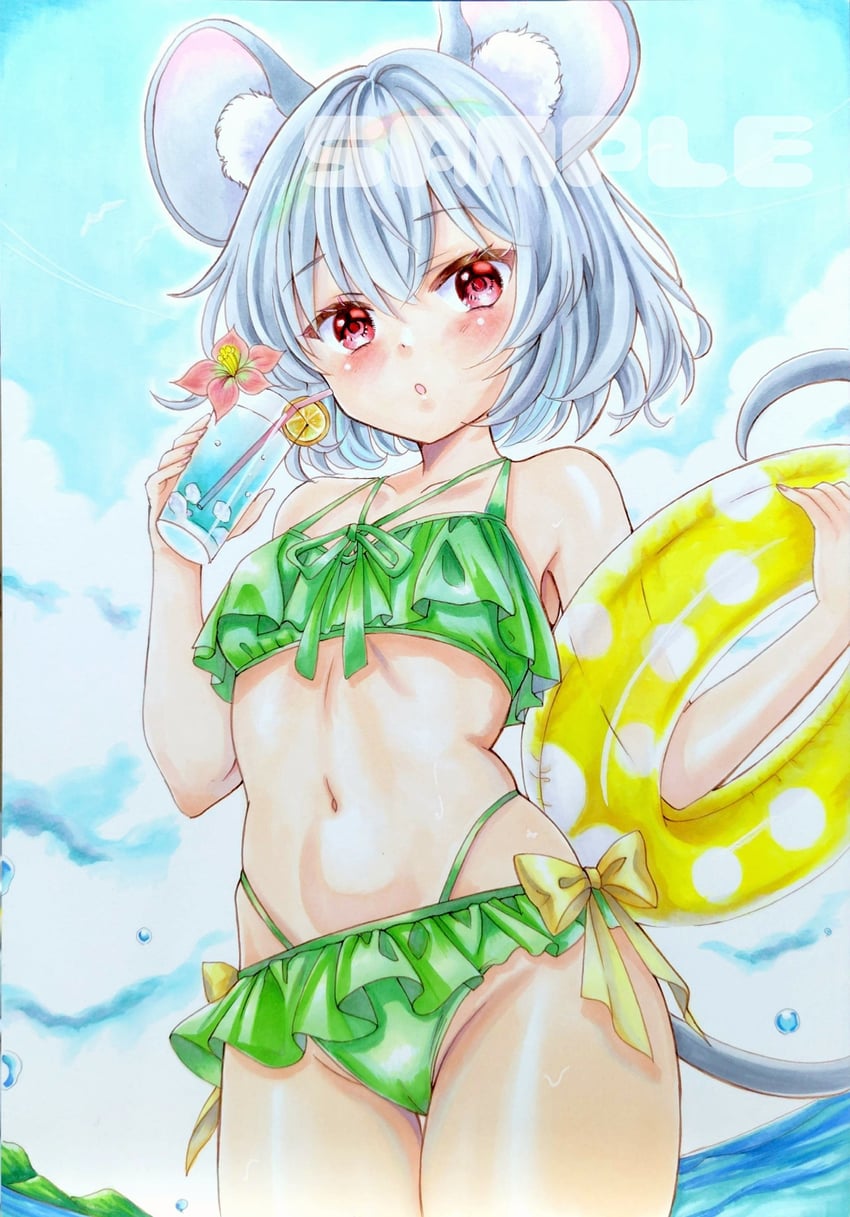 东方Project、纳兹琳 1名女孩 替换服装 兽耳 比基尼 蓝天