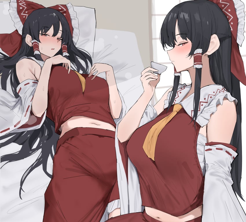 东方Project、博丽灵梦 1名女孩 阿斯科特领巾 黑发 脸红 蝴蝶结
