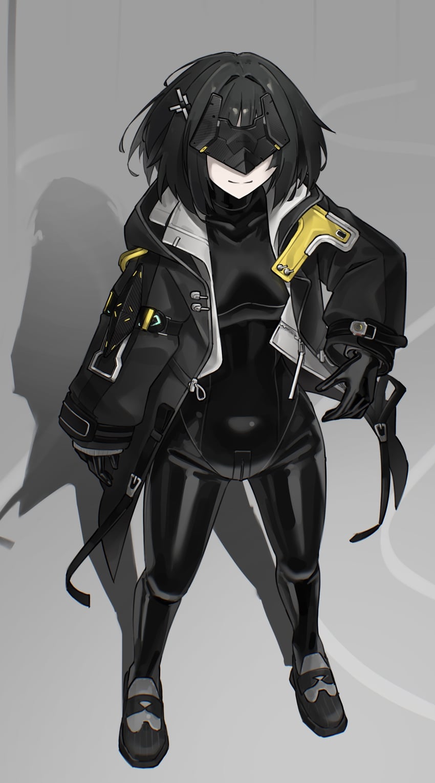 明日方舟、明日方舟：终末地、管理员 (明日方舟) 1名女孩 黑色连体衣 黑发 黑色夹克 眼罩