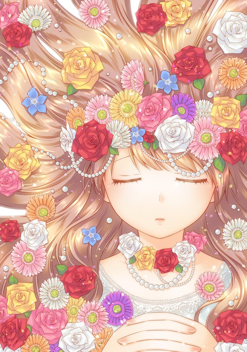 原创 1名女孩 金发 蓝花 棕发 闭眼
