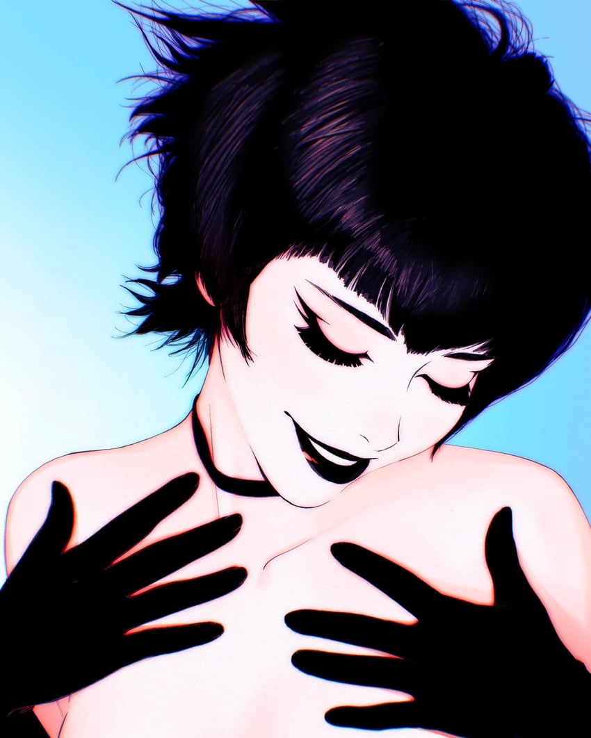 原创 1名女孩 露肩 黑色项圈 黑色手套 黑发