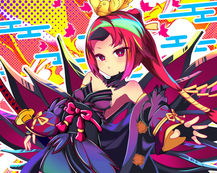 Fate/Grand Order、Fate系列、红阎魔 1名女孩 露肩 鸟形发饰 黑色手套 脸红