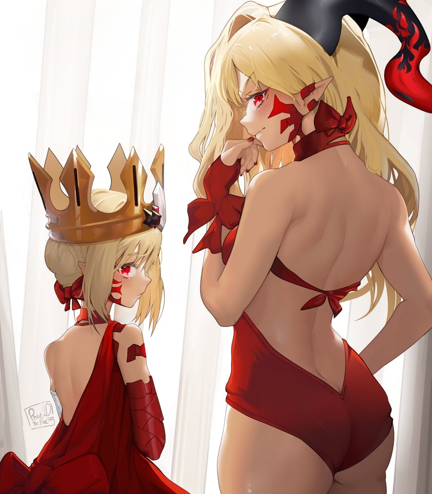 Fate/Grand Order、Fate系列、尼禄·克劳狄乌斯 (Fate) 2名女孩 替换服装 屁股 露背裙 露背装