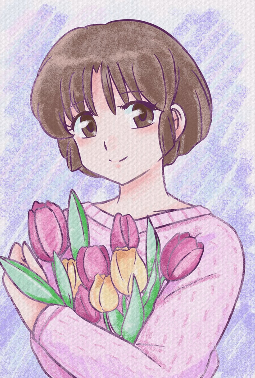 乱马1/2、天道茜 1名女孩 蓝色背景 花束 棕眼睛 棕发