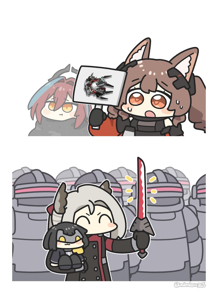 明日方舟、明日方舟：终末地、安洁莉娜 (明日方舟) 1名男孩 两格漫画 3人女子 惊讶 笑眼