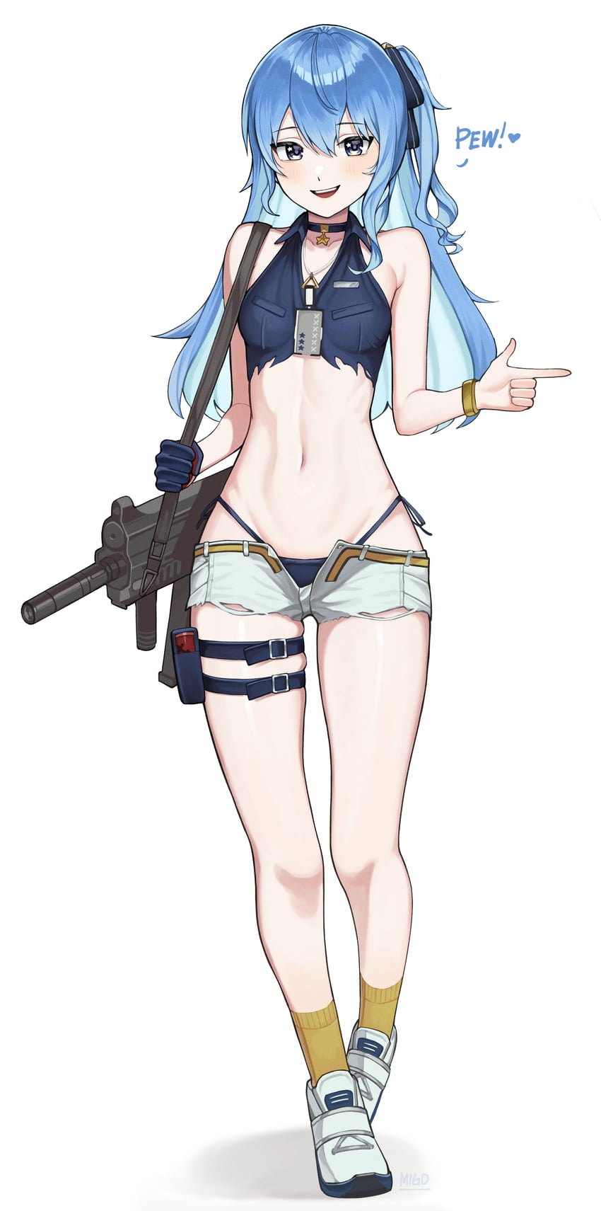 少女前线、少女前线2：追放、Hololive 1名女孩 露肩 黑色项圈 黑色内裤 蓝眼