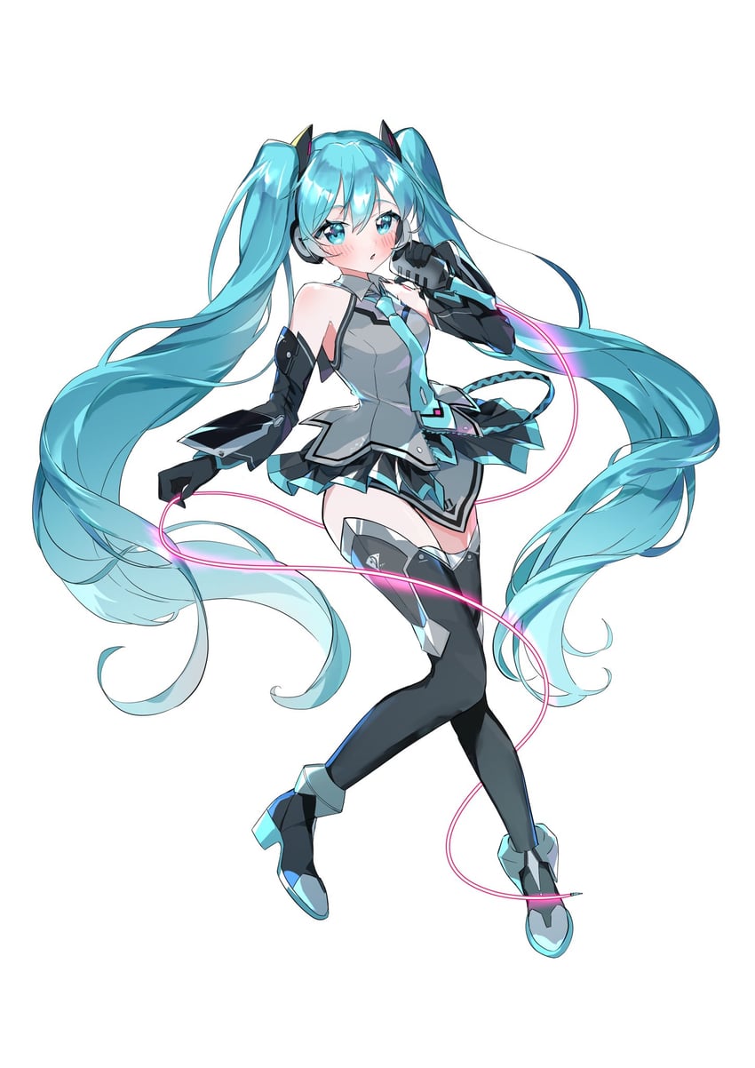 魔法未来(Vocaloid)、VOCALOID、初音未来 1名女孩 水色瞳 水色发 水蓝色领带 露肩