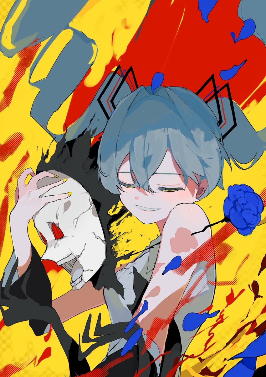 春兰（Vocaloid原创曲）、VOCALOID、初音未来 1名女孩 露肩 蓝花 蓝发 蓝玫瑰