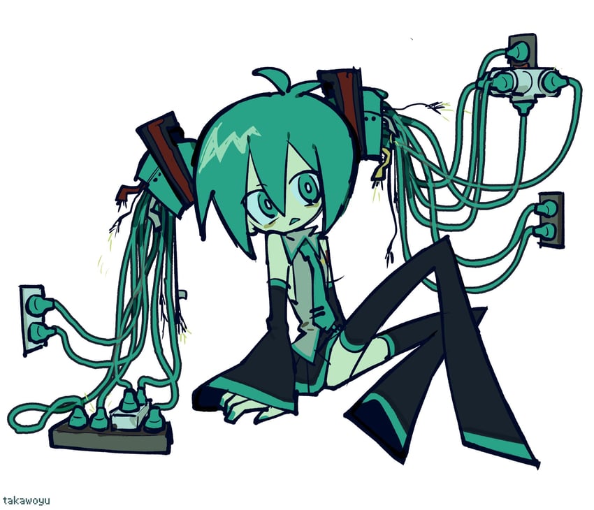 VOCALOID、初音未来 1名女孩 手臂支撑 作者名 露肩 黑色靴子