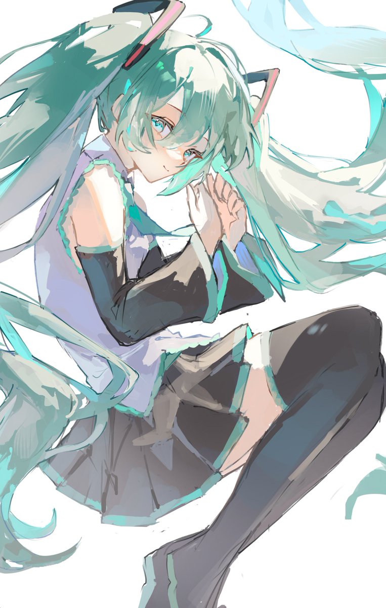 VOCALOID、初音未来 1名女孩 水色瞳 水色发 水蓝色领带 露肩