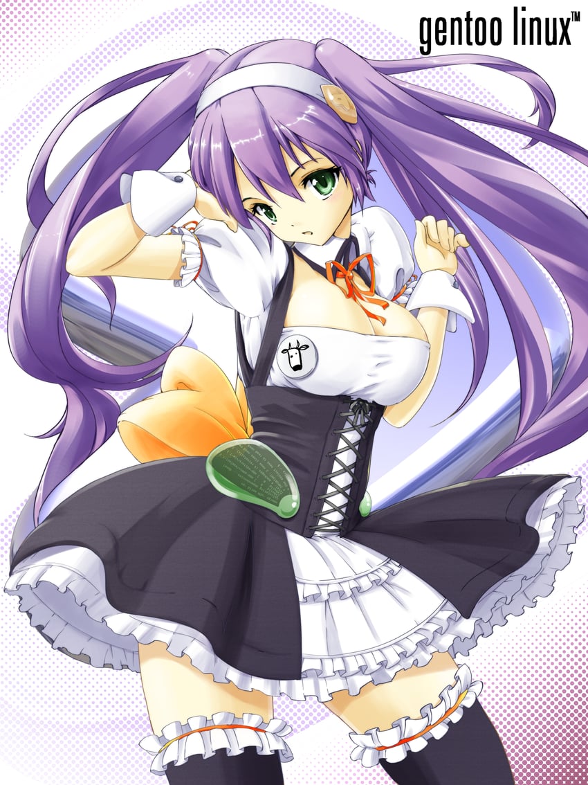 gentoo、Linux、系统娘 1名女孩 抽象背景 举手 后背蝴蝶结 徽章