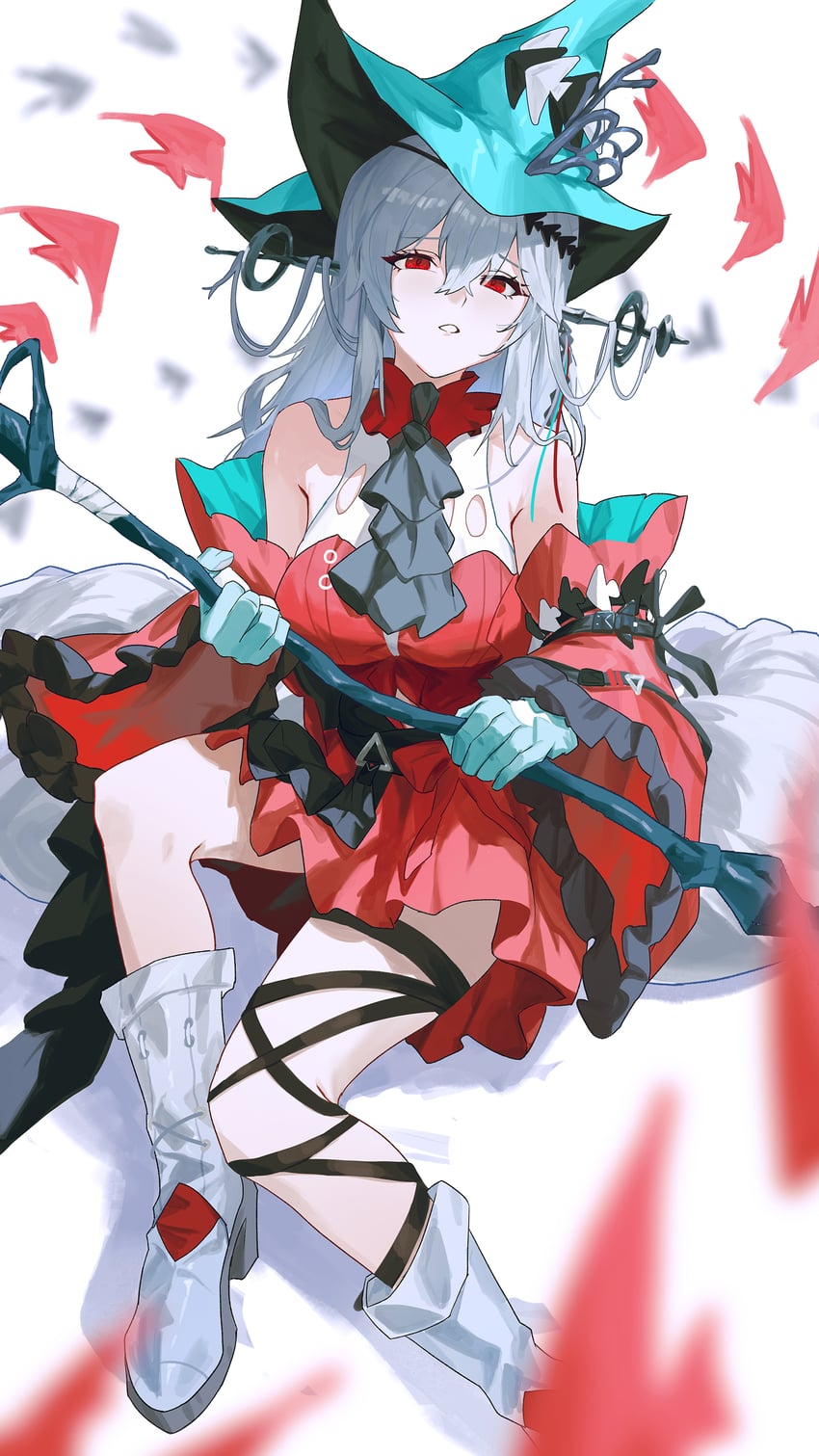 明日方舟、斯卡蒂 (明日方舟)、浊心斯卡蒂(明日方舟) 1名女孩 阿斯科特领巾 露肩 黑色细领带 黑帽子