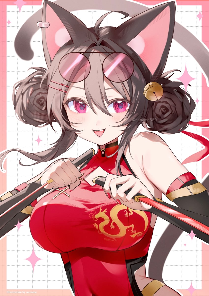个人势虚拟主播、lunah (lung na) 1名女孩 呆毛 兽耳 铃铛 边框