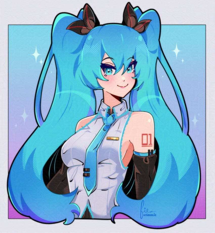 VOCALOID、初音未来 1名女孩 替换发饰 水色瞳 作者名 黑色袖子