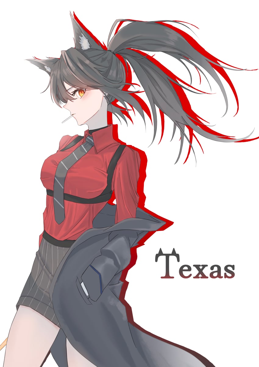 明日方舟、德克萨斯 (明日方舟)、德克萨斯 (意志) (明日方舟) 1名女孩 兽耳毛 兽耳 黑色大衣 黑发