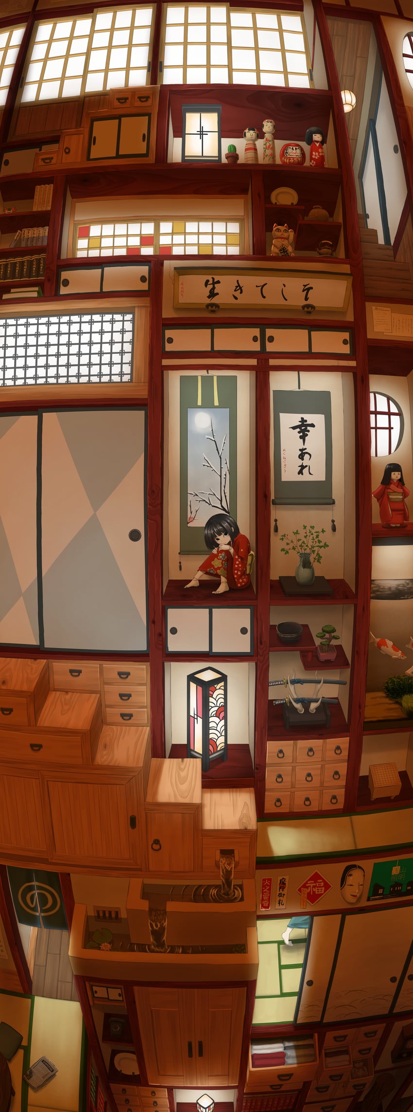 原创 1名女孩 1个其他角色 极度精细构图 建筑 黑瞳