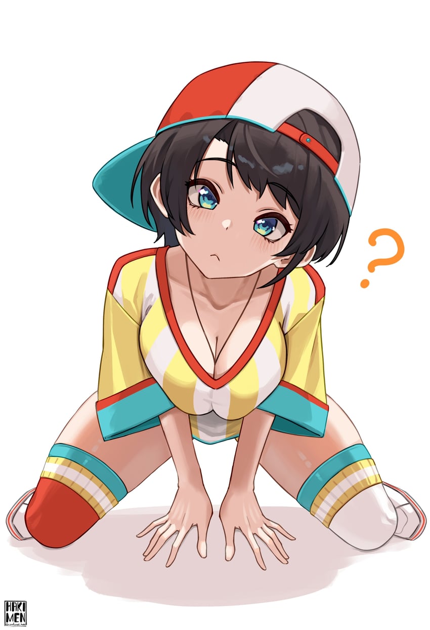 Hololive、大空昂、大空昴 (初始服装) 1名女孩 :< 问号 四肢着地 不对称腿部穿着
