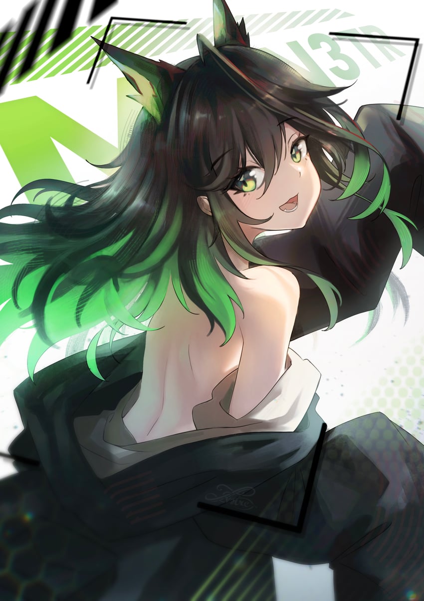 明日方舟、Mon3tr (明日方舟) 1名女孩 裸背 露肩 黑发 黑色夹克