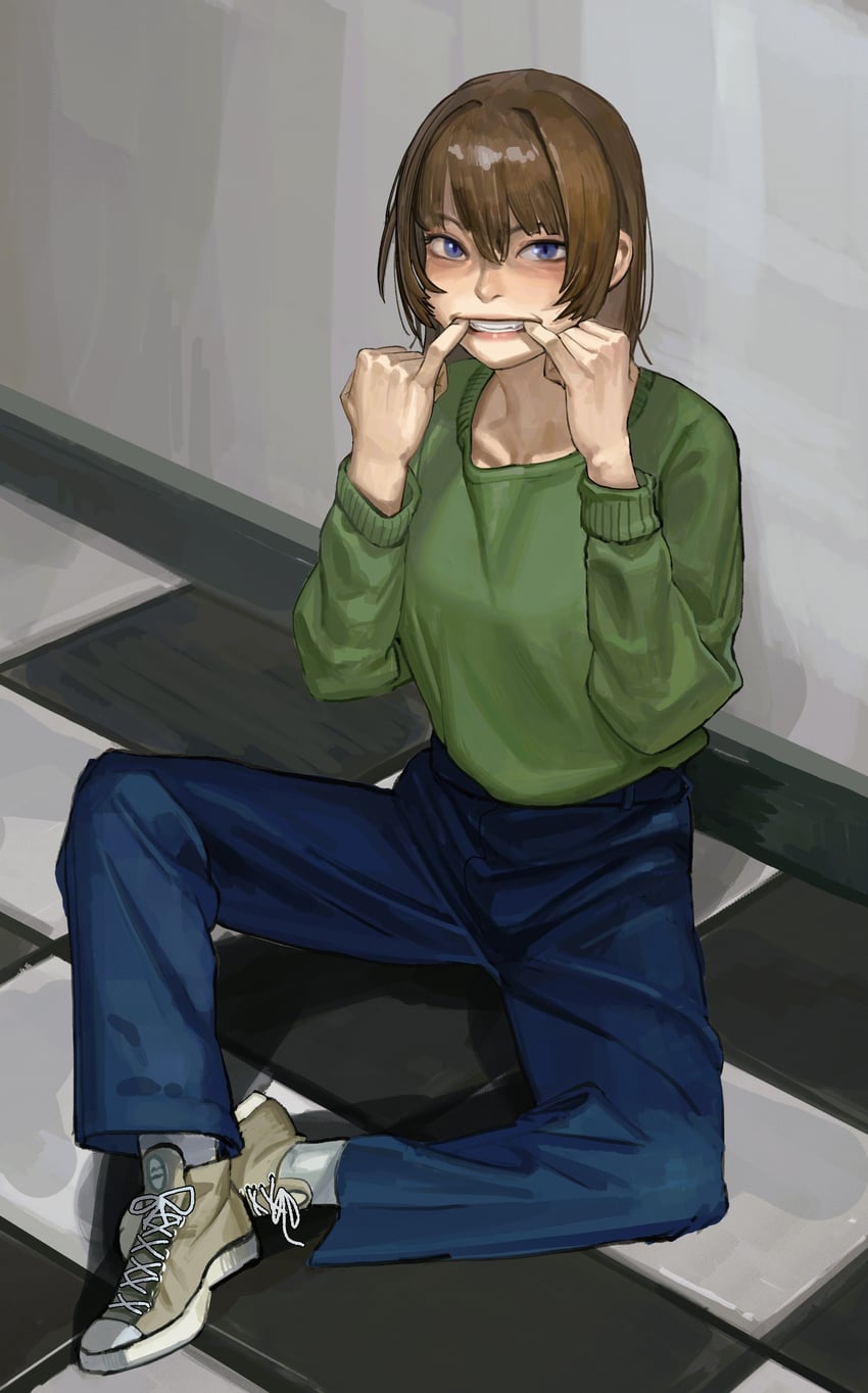 原创 1名女孩 蓝眼 蓝色裤子 棕发 格子地板