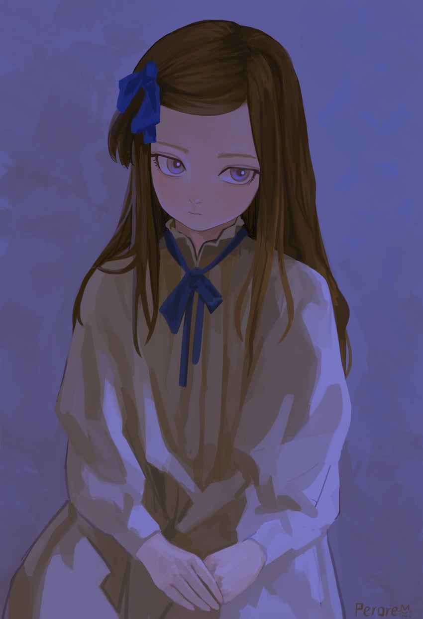 原创 1名女孩 蓝眼 棕发 连衣裙 无表情