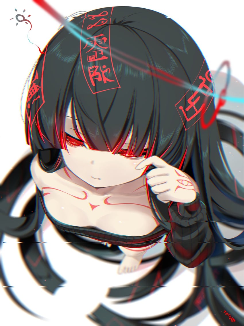 魔物娘图鉴、魔物娘图鉴：悖论、chaos (mon-musu quest!) 1名女孩 赤脚 黑发 蓝色光环 模糊