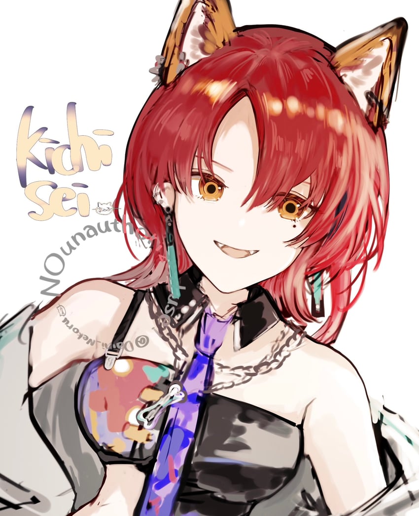 明日方舟、绮世 (明日方舟) 1名女孩 兽耳 露肩 黑领 乳房