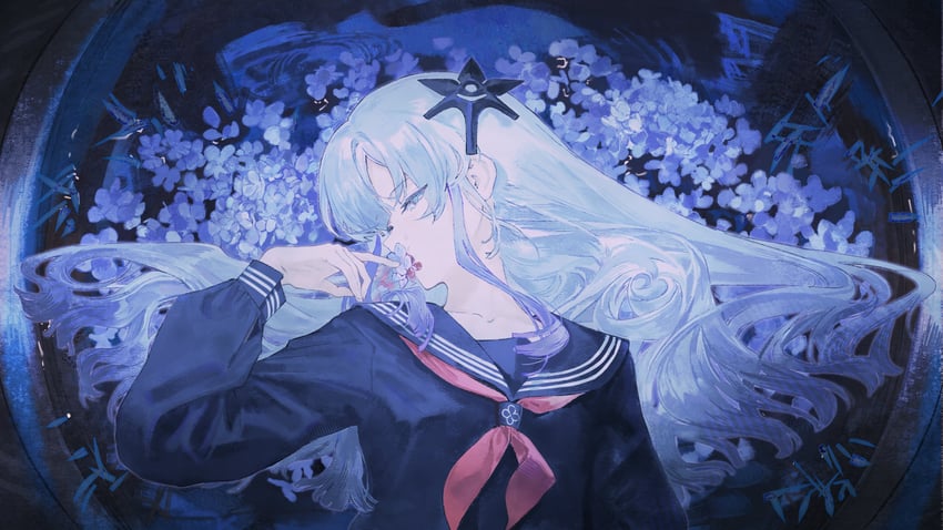 CeVIO、神椿工作室、可不 (CeVIO) 1名女孩 黑色水手服 蓝眼 彩色侧鬓 花