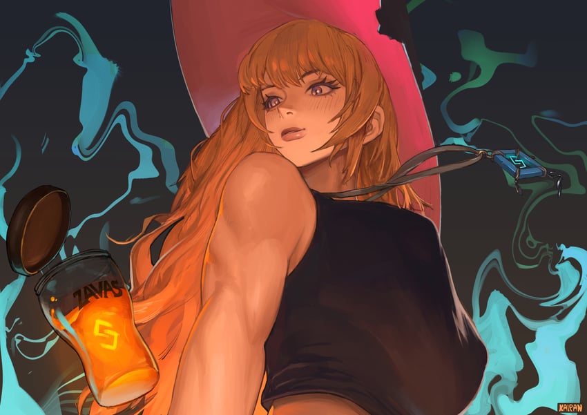原创 1名女孩 黑衬衫 金发 瓶子 乳房