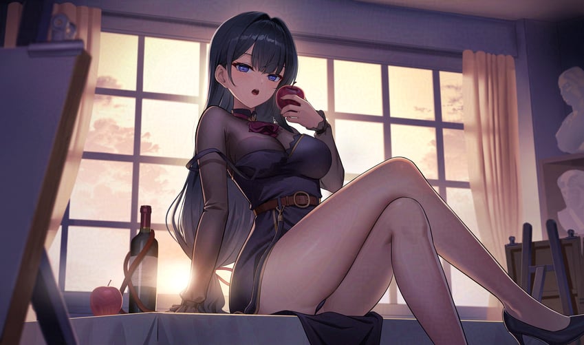 原创 1名女孩 苹果 阿斯科特领巾 腰带 黑色连衣裙