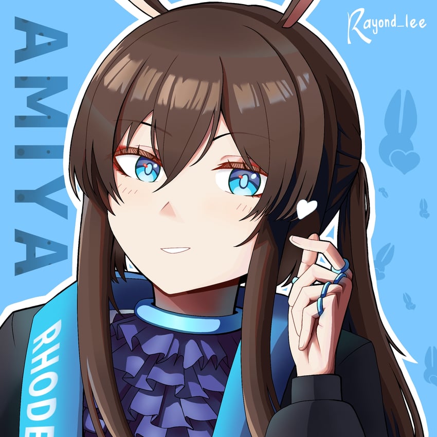 明日方舟、阿米娅 (明日方舟) 1名女孩 兽耳 阿斯科特领巾 蓝色背景 蓝色衣领