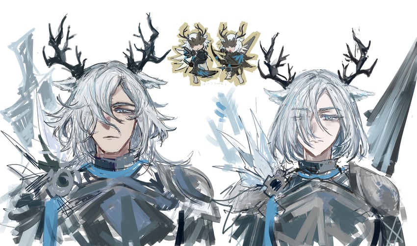 明日方舟、frost buck、snow doe 1名男孩 1名女孩 鹿角 铠甲 蓝眼