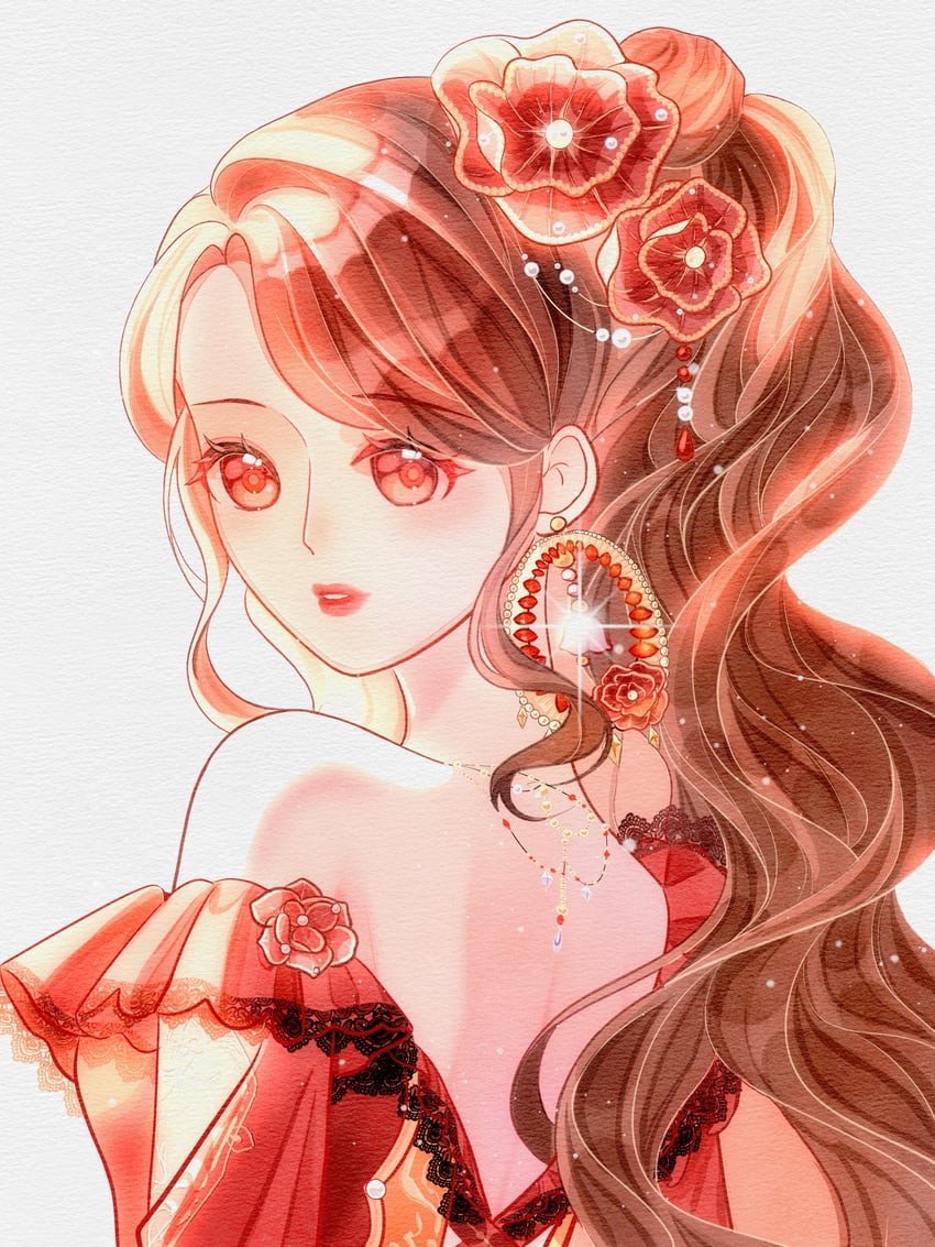 无限暖暖、暖暖系列、落花终章 (无限暖暖) 1名女孩 露肩设计 露肩 珠子 棕眼睛