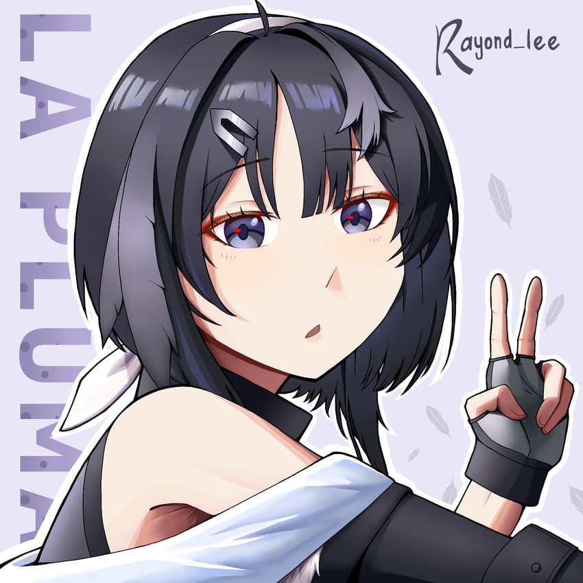 明日方舟、羽毛笔 (明日方舟) 1名女孩 呆毛 露肩 黑发 角色名称
