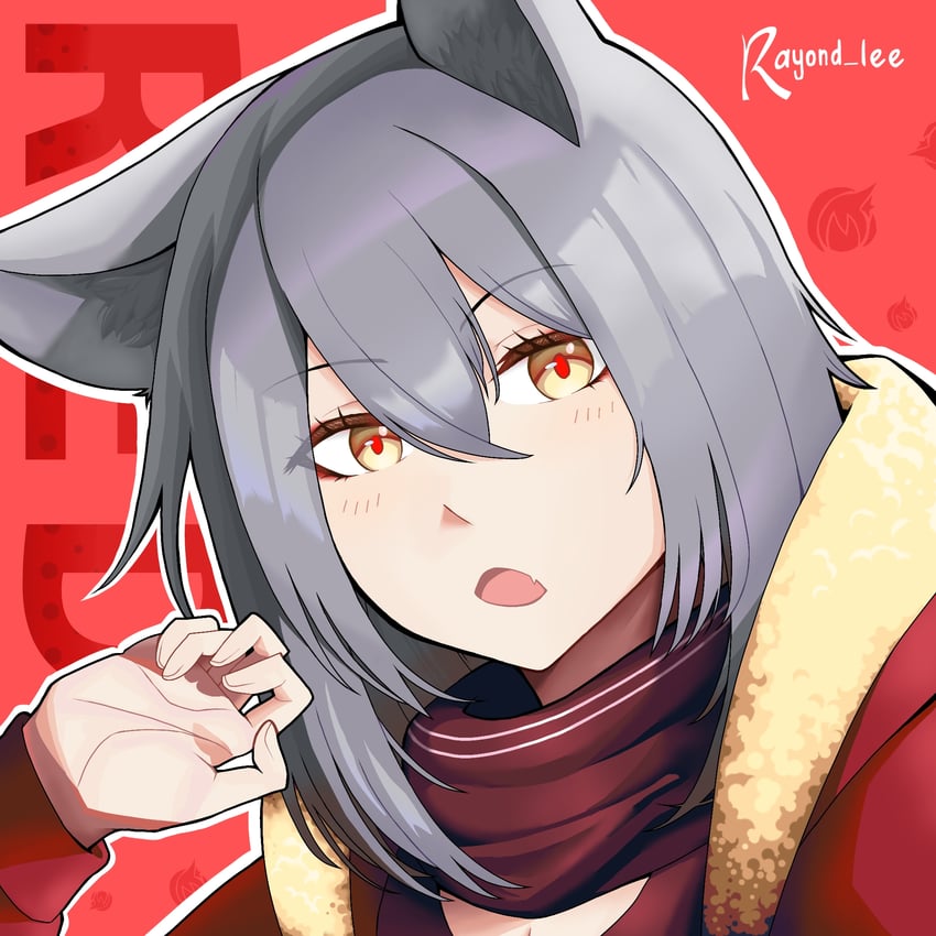 明日方舟、红 (明日方舟) 1名女孩 兽耳 棕围巾 虎牙 指甲