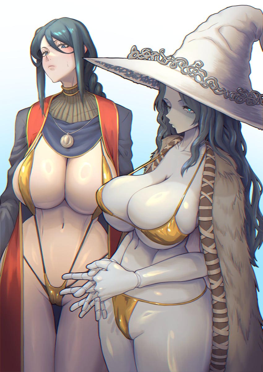 艾尔登法环、魔女菈妮 (艾尔登法环)、瑟廉 (艾尔登法环) 2名女孩 比基尼 黑发 乳房 斗篷