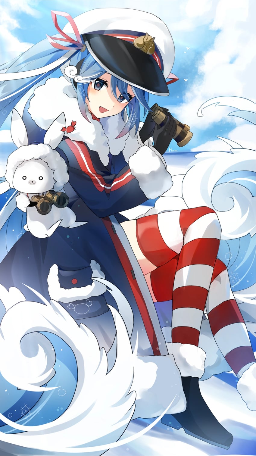 VOCALOID、初音未来、雪音兔 1名女孩 望远镜 黑色靴子 黑色手套 蓝色大衣