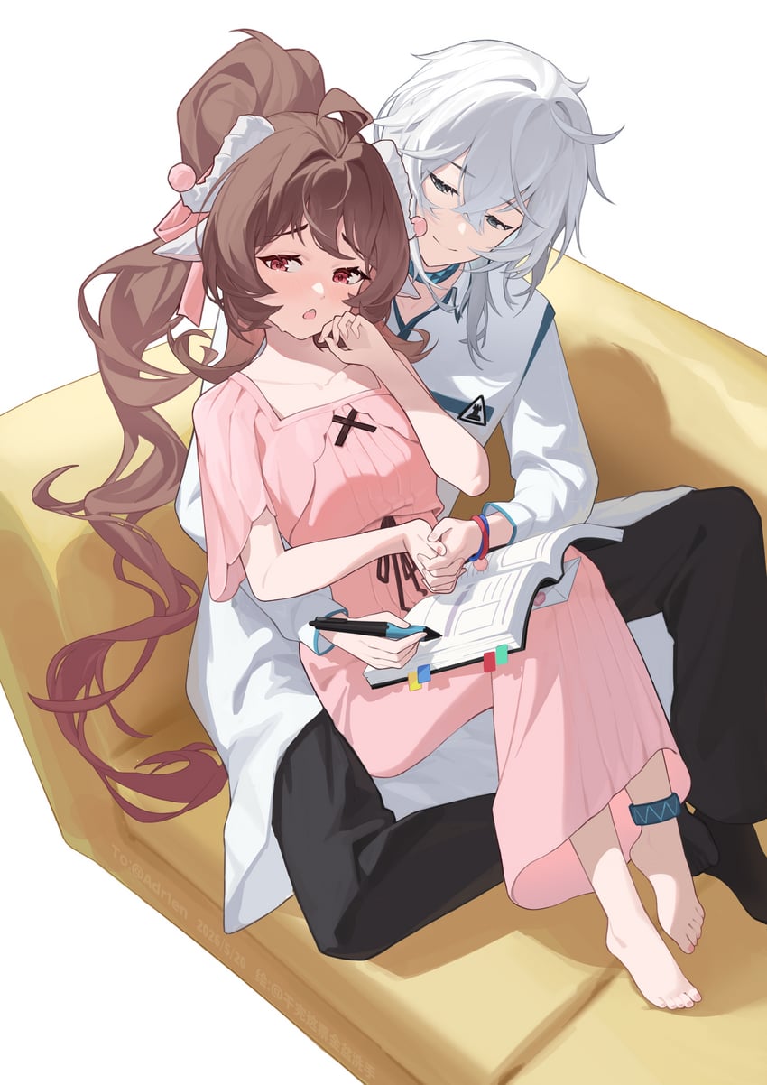 明日方舟、博士 (明日方舟)、艾雅法拉 (明日方舟) 1名男孩 1名女孩 兽耳 赤脚 黑裤子