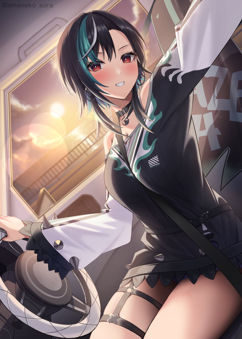Hololive、hololive DEV_IS、龙胆千早 1名女孩 水色挑染 黑发 蓝色布鲁玛 脸红