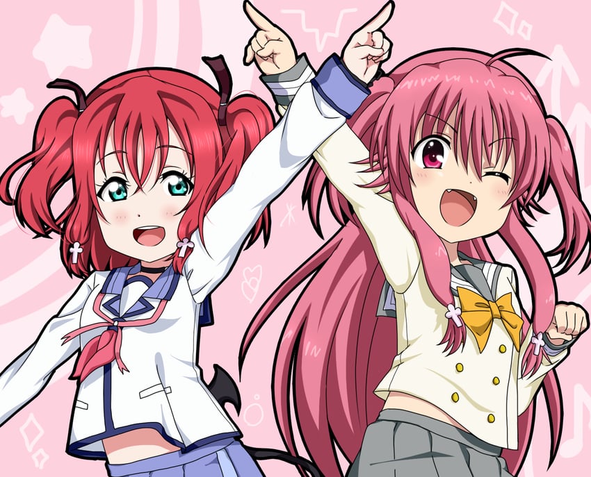 Angel Beats!、Love Live!、Love Live! Sunshine!! 2名女孩 :D 微笑 呆毛 水色瞳
