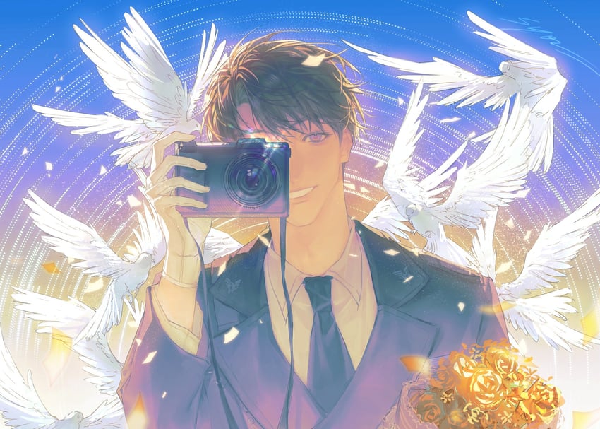 恋与深空、夏以昼 (恋与深空) 1名男孩 鸟 黑色夹克 黑色领带 花束