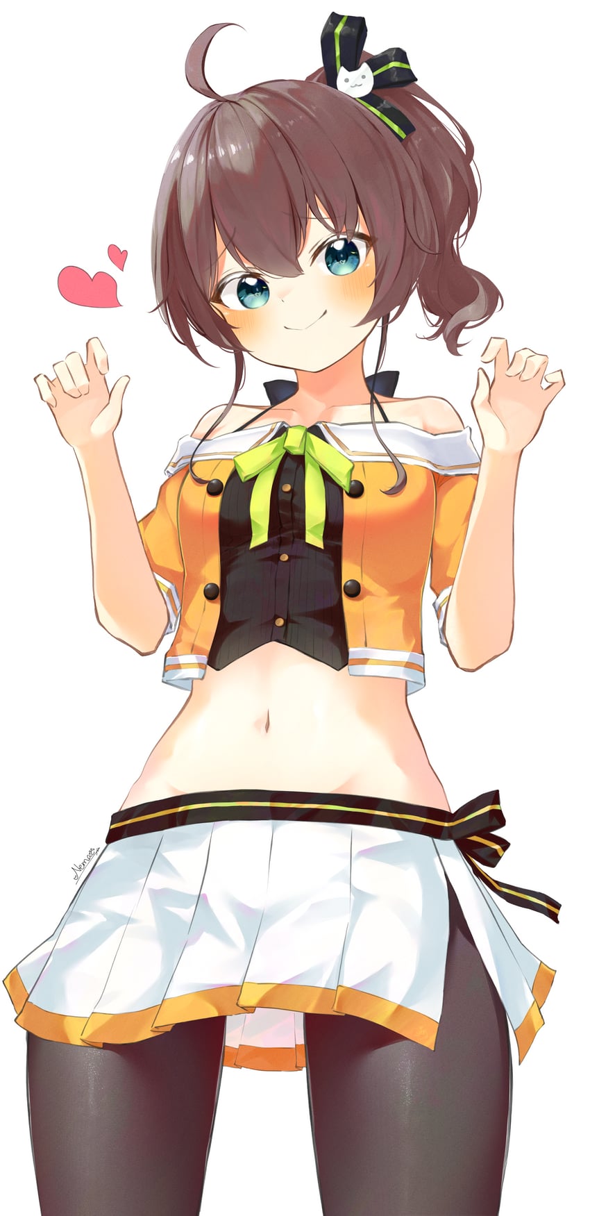 Hololive、夏色祭 1名女孩 呆毛 露肩 棕发 猫爪姿势