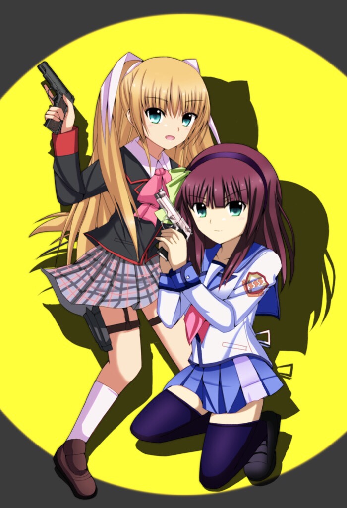 Angel Beats!、Key社、Little Busters! 2名女孩 贝雷塔92 黑色夹克 黑鞋 黑色过膝袜