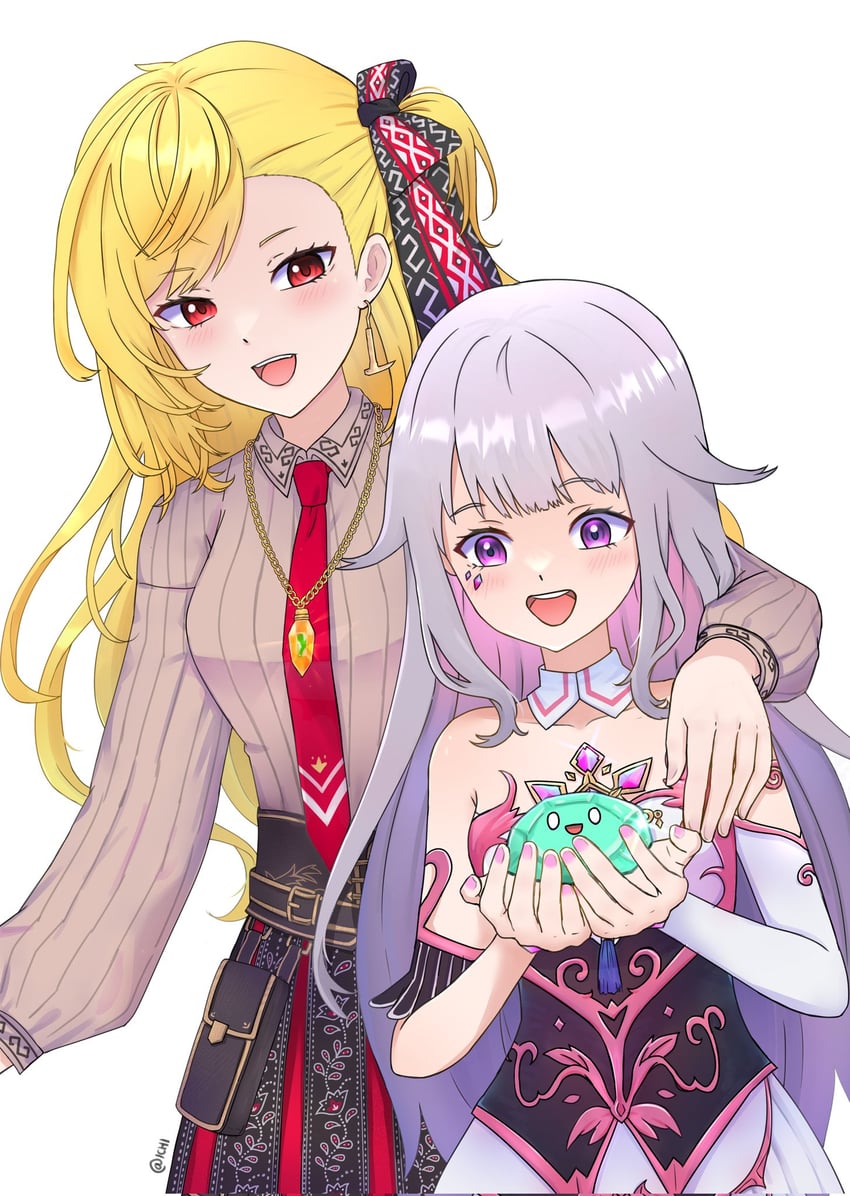 Hololive、Hololive英语、Hololive Indonesia 2名女孩 金发 棕色衬衫 胸口宝石 刺绣裙子