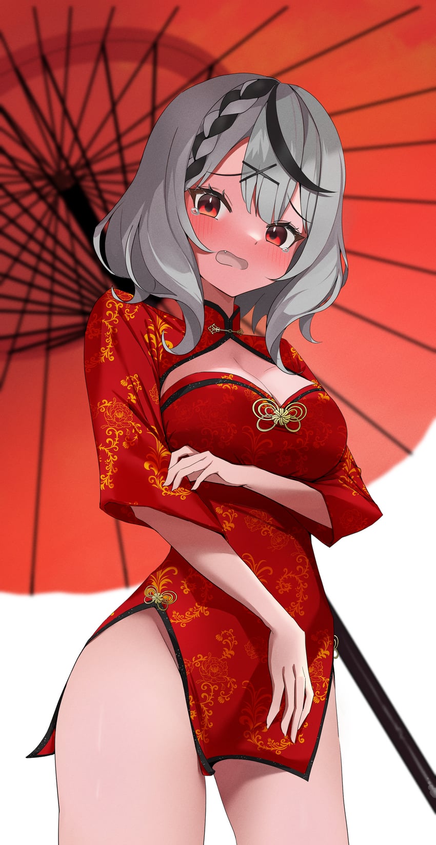 Hololive、沙花叉克萝耶 1名女孩 黑发 脸红 乳房 中国风服饰